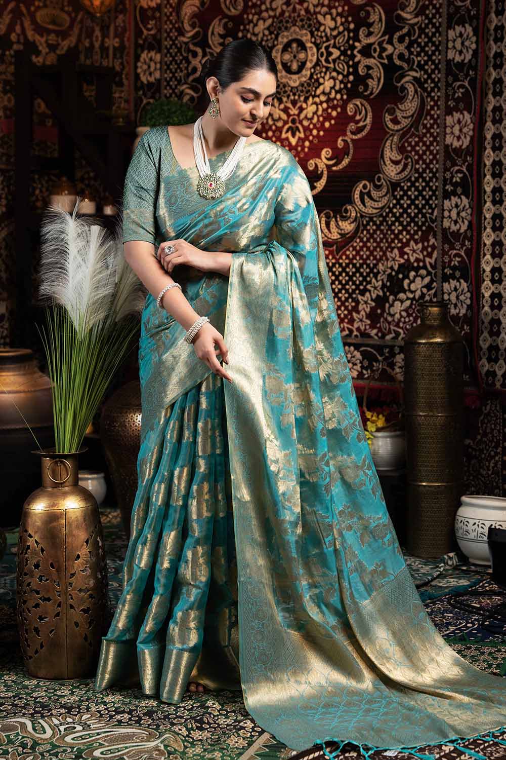 Blue Zari Velvet Saree