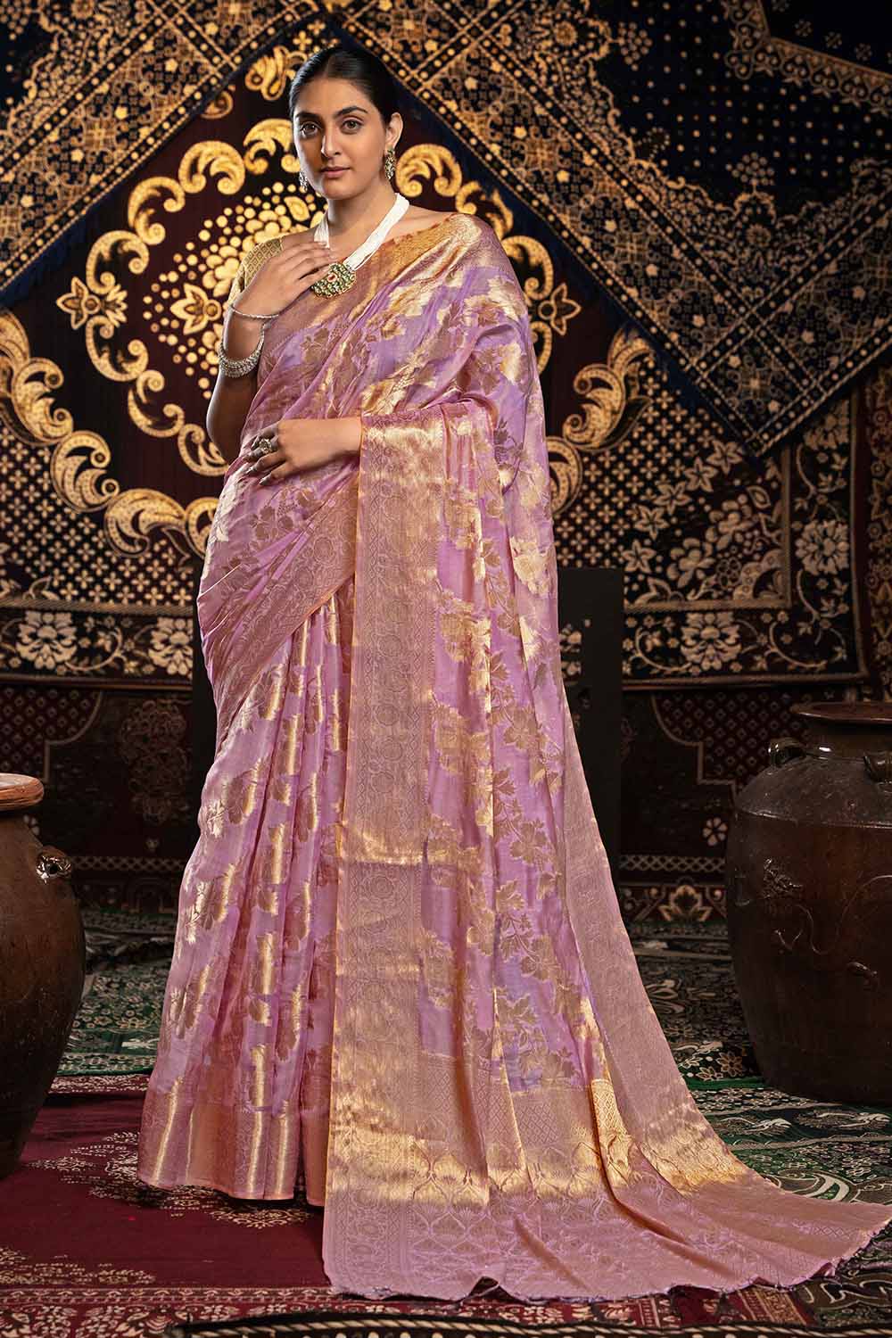 Pink Zari Velvet Saree