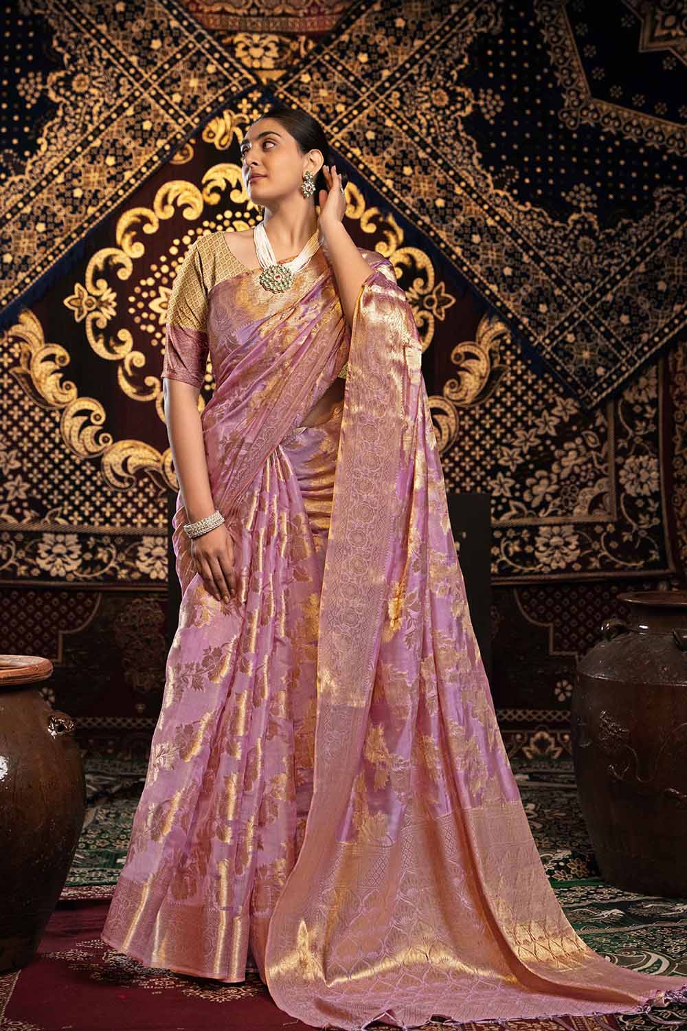 Pink Zari Velvet Saree