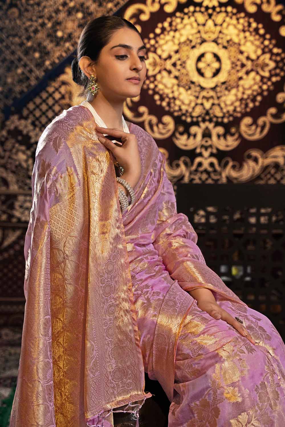 Pink Zari Velvet Saree