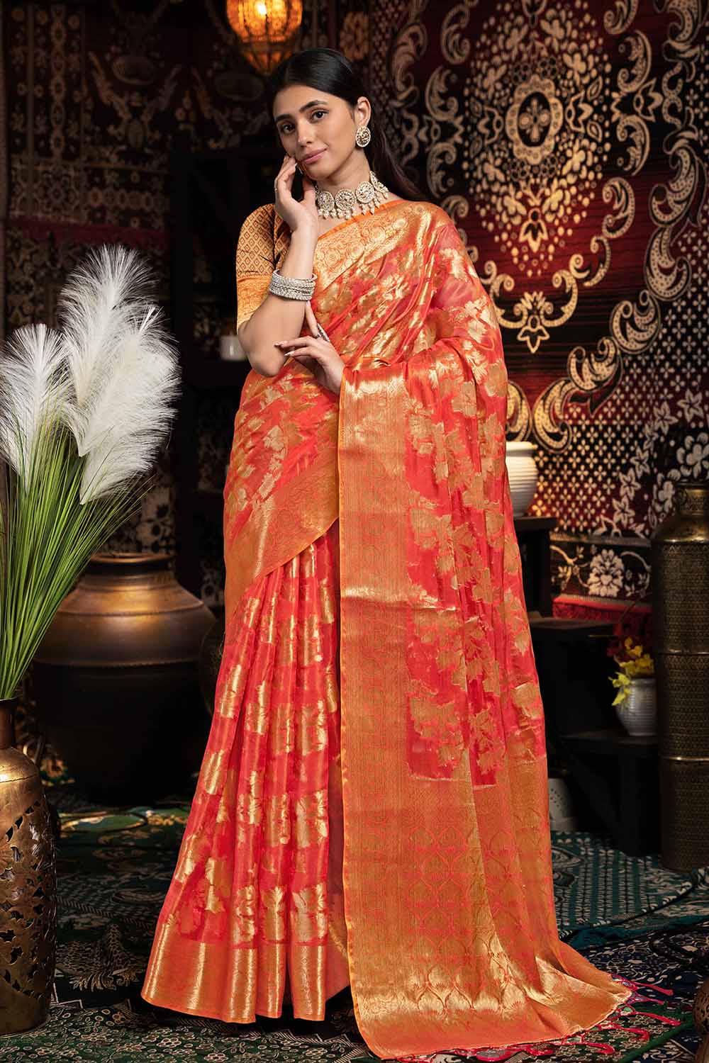 Red Zari Velvet Saree