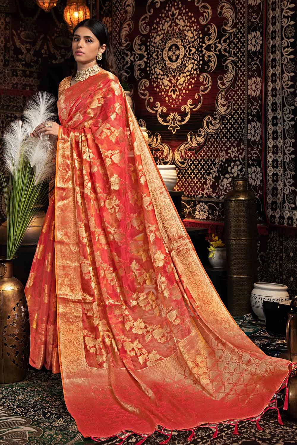 Red Zari Velvet Saree