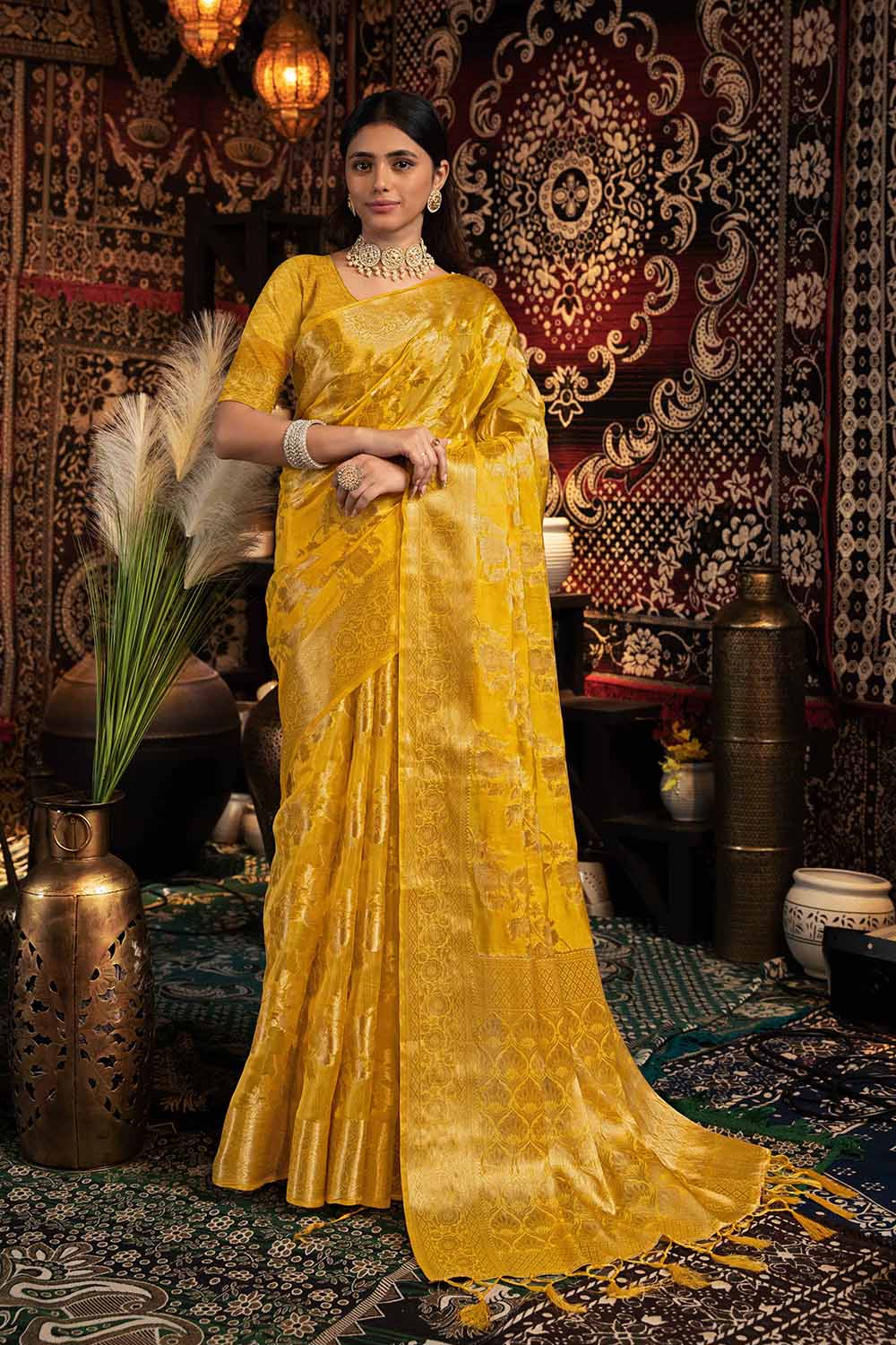 Yellow Zari Velvet Saree