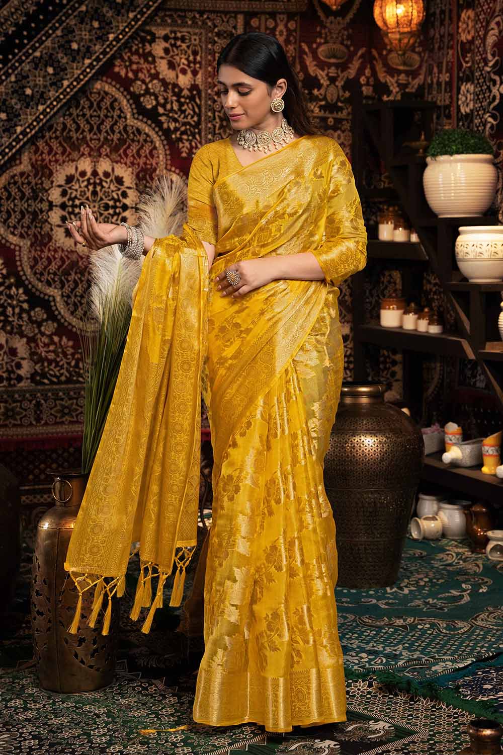 Yellow Zari Velvet Saree