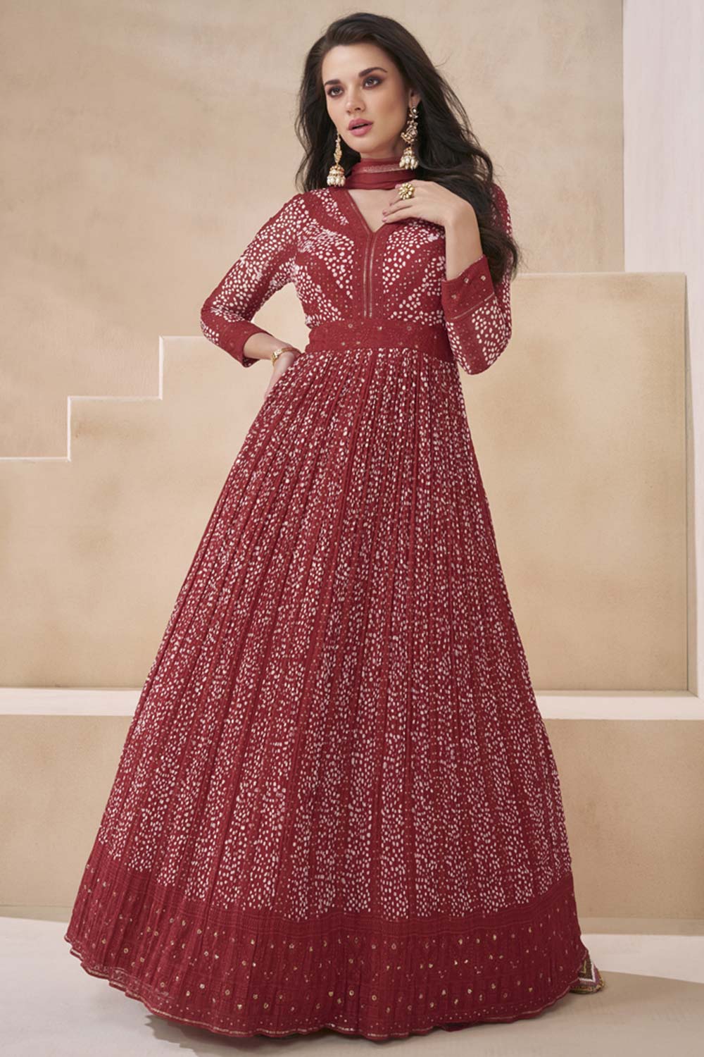 Maroon Georgette Embroidered Anarkali Suit