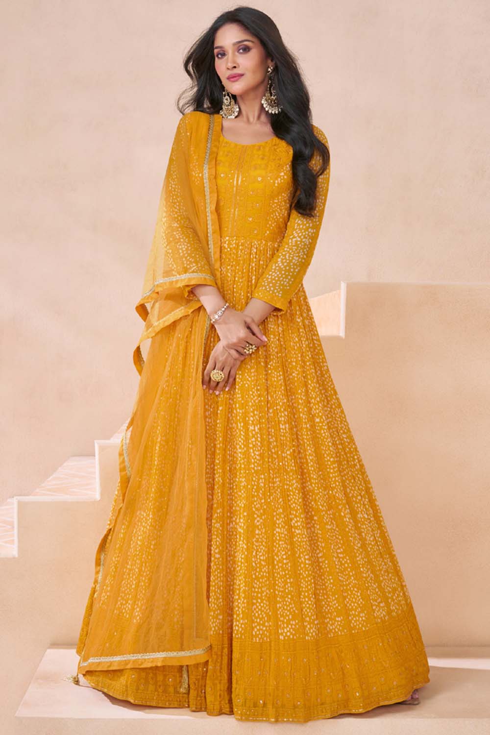 Mustard Faux Georgette Embroidered Anarkali Suit