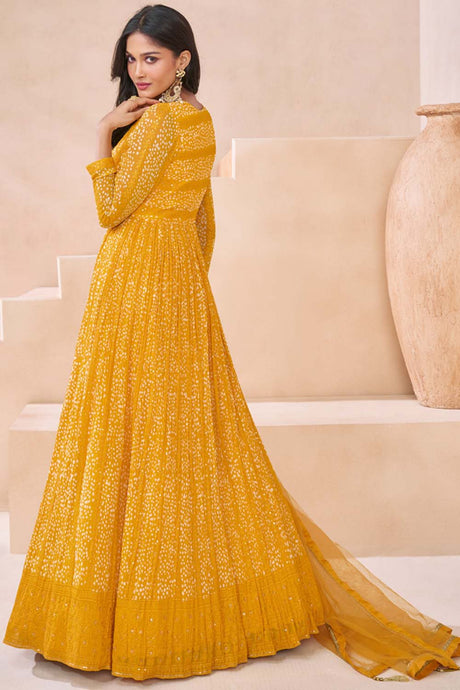 Mustard Faux Georgette Embroidered Anarkali Suit