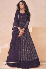 Wine Faux Georgette Embroidered Anarkali Suit Set