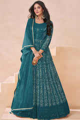 Turquoise Faux Georgette Embroidered Anarkali Suit