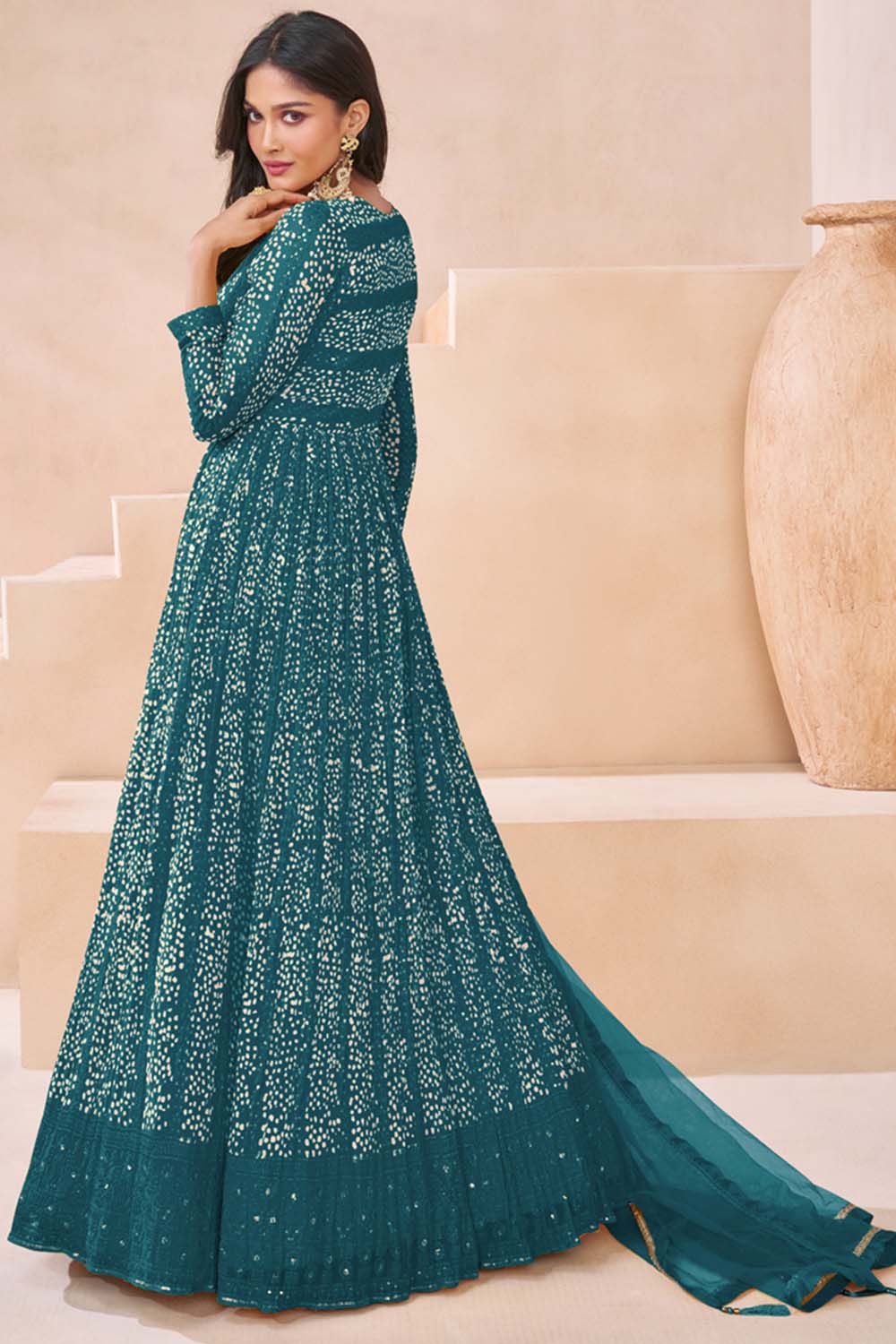 Turquoise Faux Georgette Embroidered Anarkali Suit