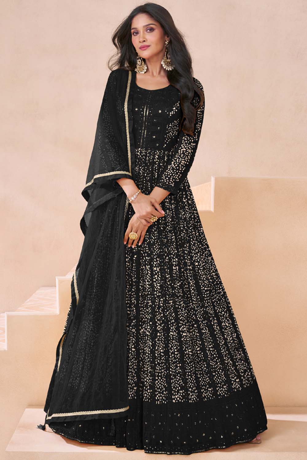 Black Faux Georgette Embroidered Anarkali Suit