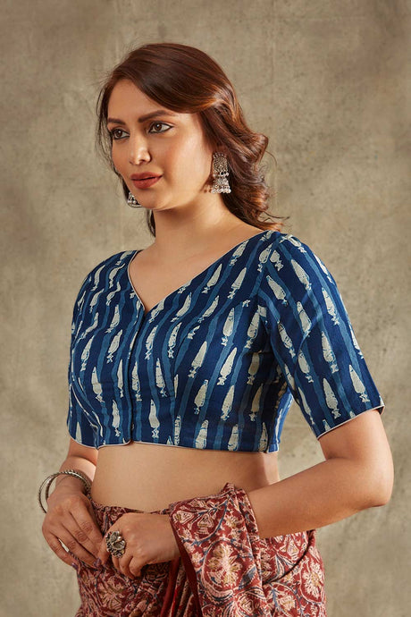 Blue Cotton Printed Short Sleeves Blouse
