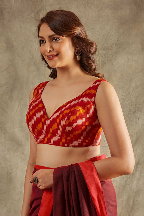 Red Khadi cotton Printed Sleeveless Blouse