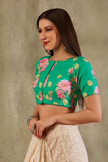 Green Cotton Printed Elbow Sleeves Blouse