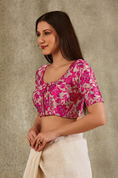 Pink Brocade Embroidered Elbow Sleeves Blouse