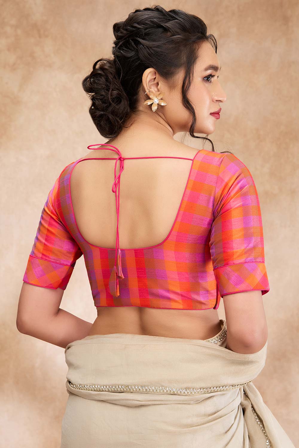 Pink Silk Woven Elbow Sleeve Blouse