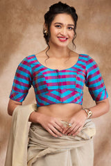 Blue Silk Woven Elbow Sleeve Blouse