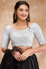 Silver Silk Embellished Elbow Sleeve Blouse