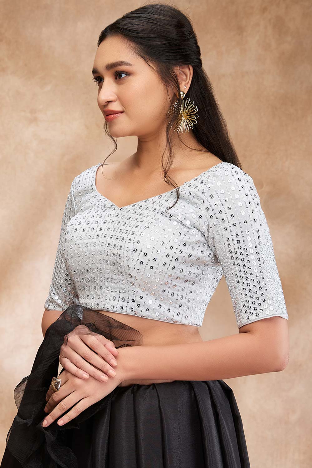 Silver Silk Embellished Elbow Sleeve Blouse