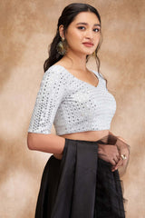 Silver Silk Embellished Elbow Sleeve Blouse