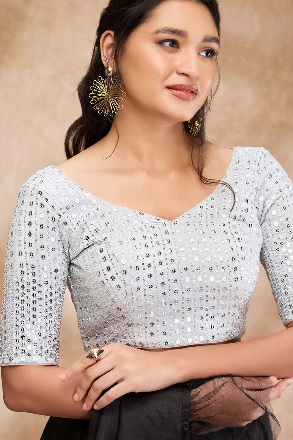 Silver Silk Embellished Elbow Sleeve Blouse