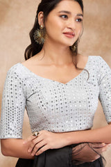 Silver Silk Embellished Elbow Sleeve Blouse