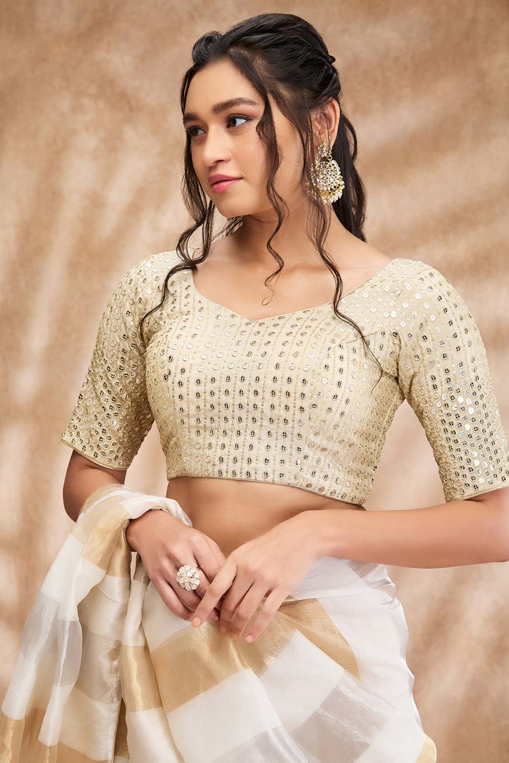 Light Gold Silk Embellished Elbow Sleeve Blouse