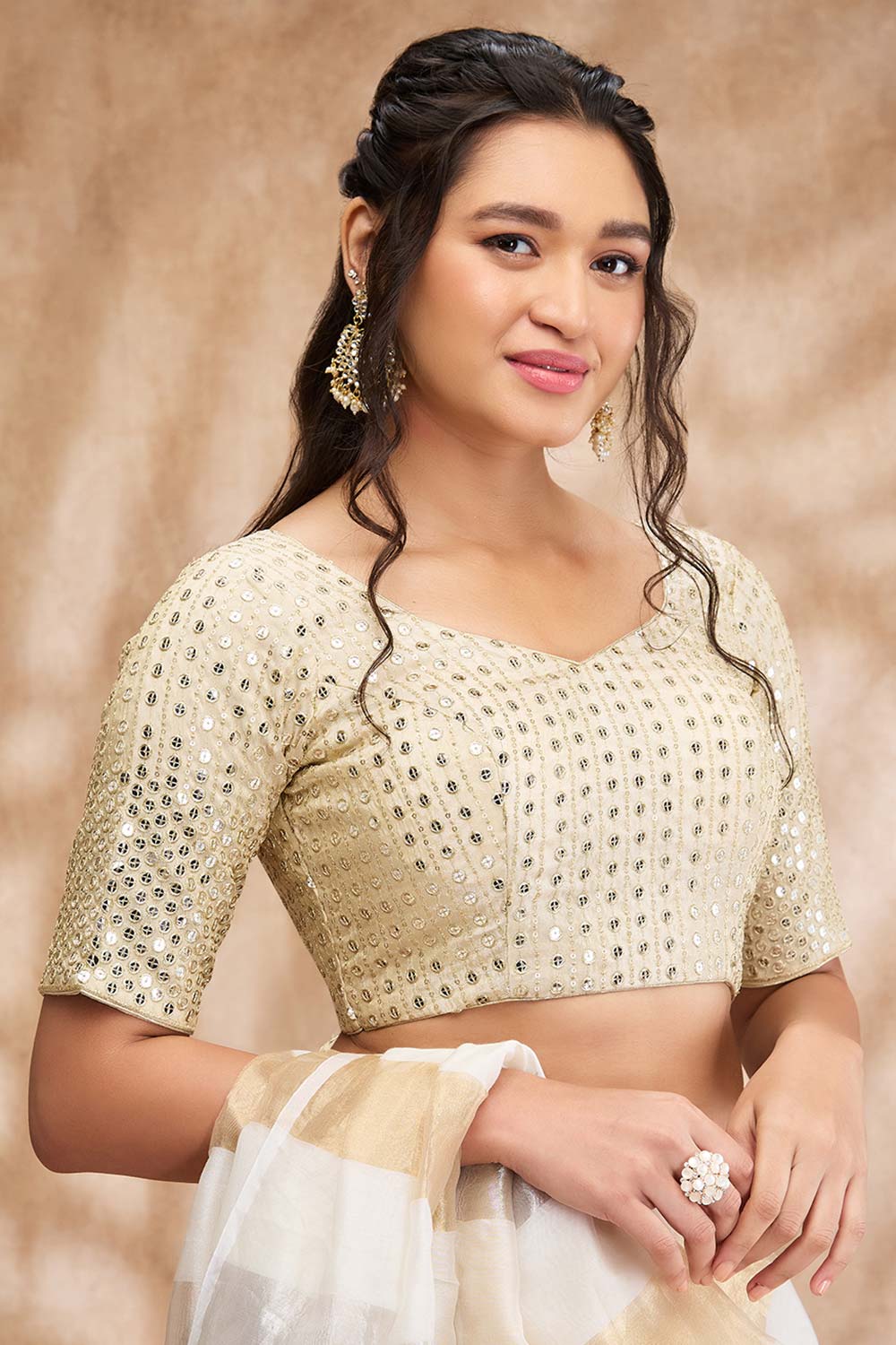 Light Gold Silk Embellished Elbow Sleeve Blouse