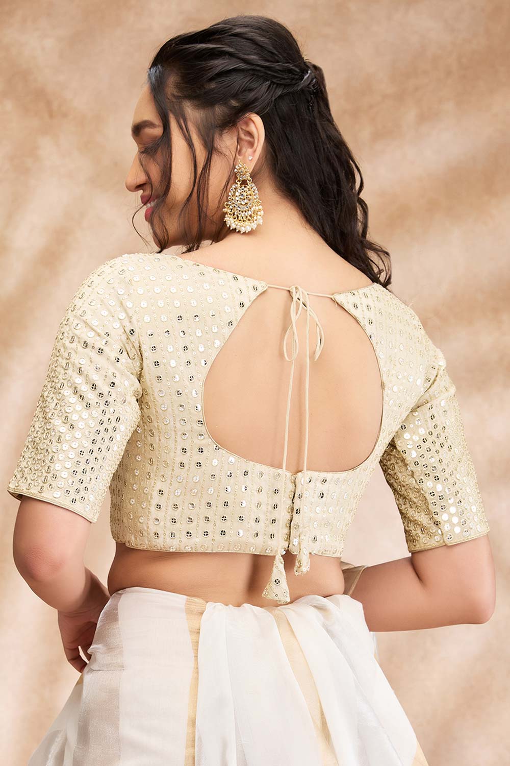 Light Gold Silk Embellished Elbow Sleeve Blouse