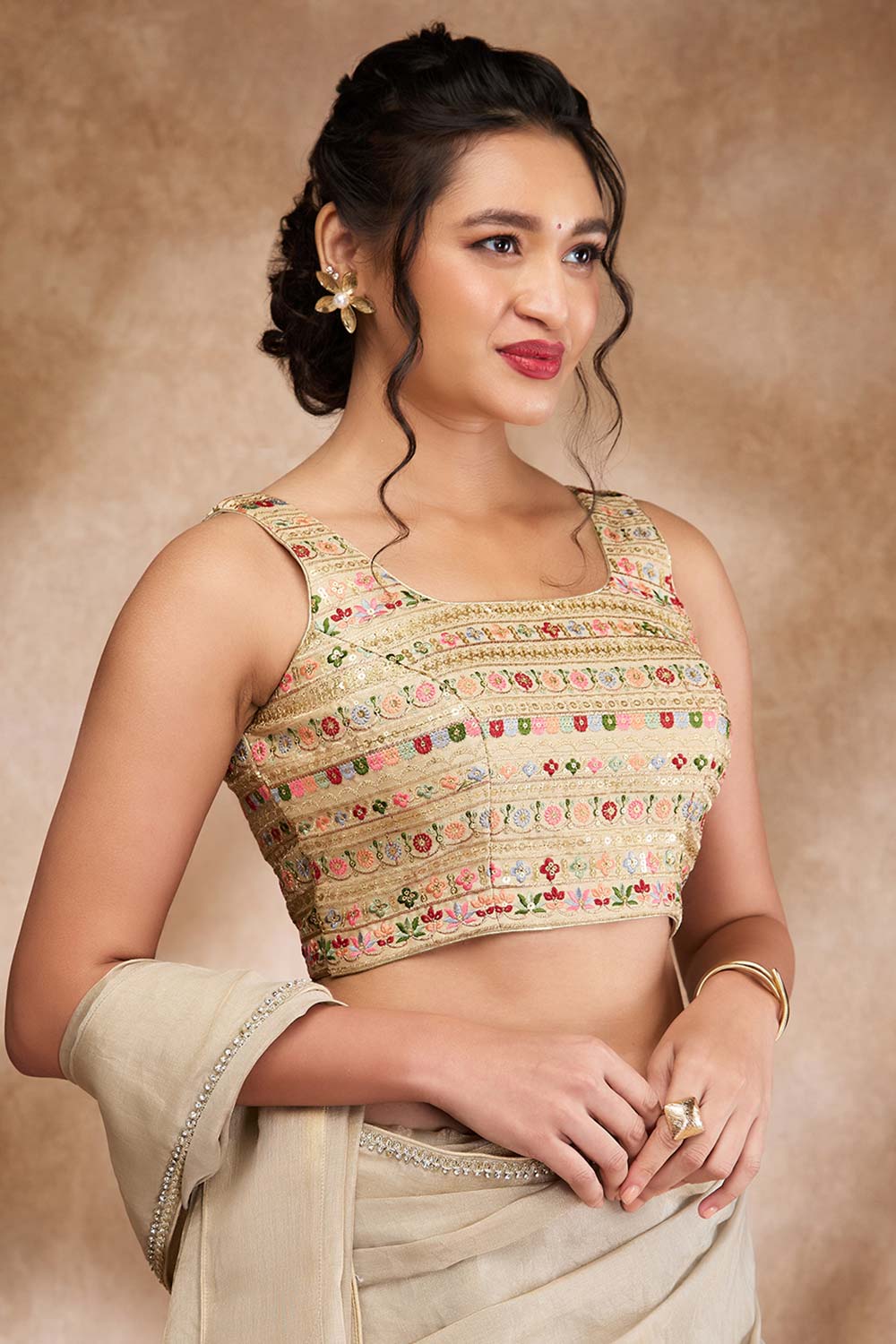 Gold Silk Embroidered Sleeveless Blouse