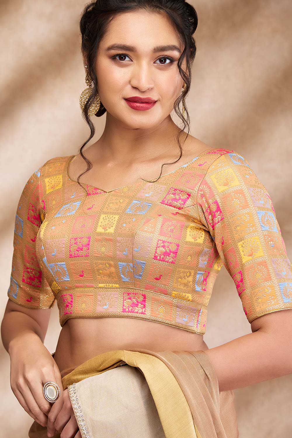 Gold Multi Brocade Woven Elbow Sleeve Blouse