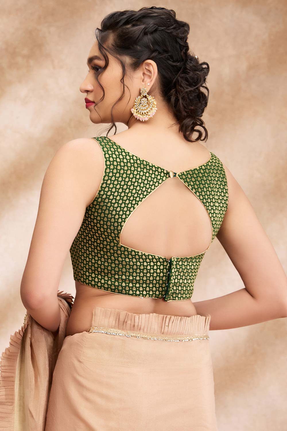 Bottle Green Brocade Woven Sleeveless Blouse