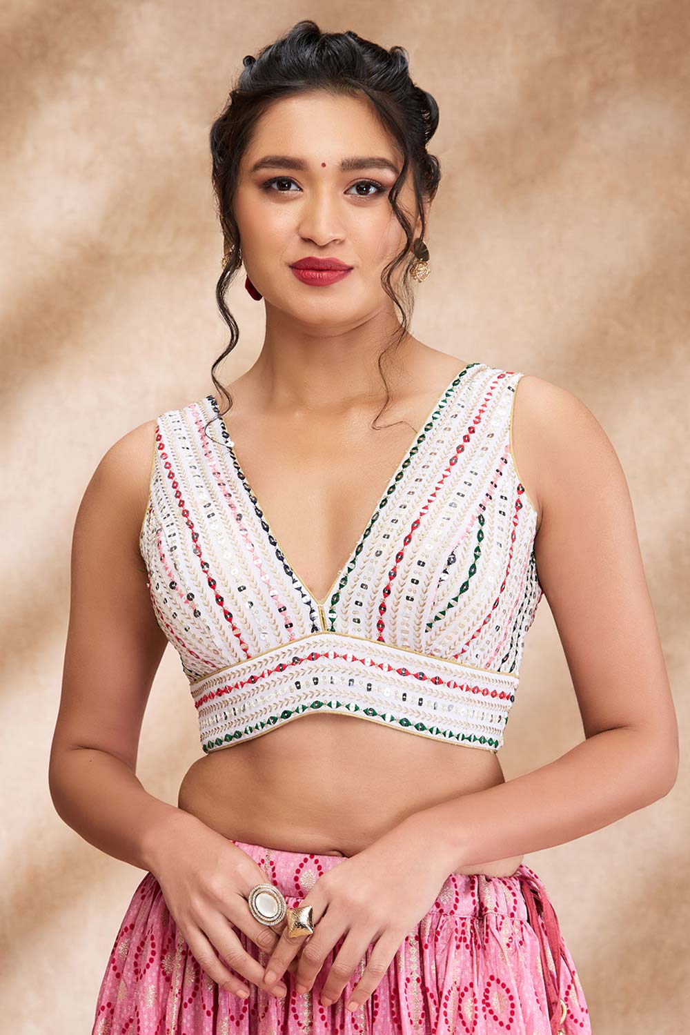 Off White Georgette Embroidered Sleeveless Blouse