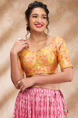 Yellow Brocade Woven Elbow Sleeve Blouse