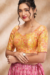 Yellow Brocade Woven Elbow Sleeve Blouse