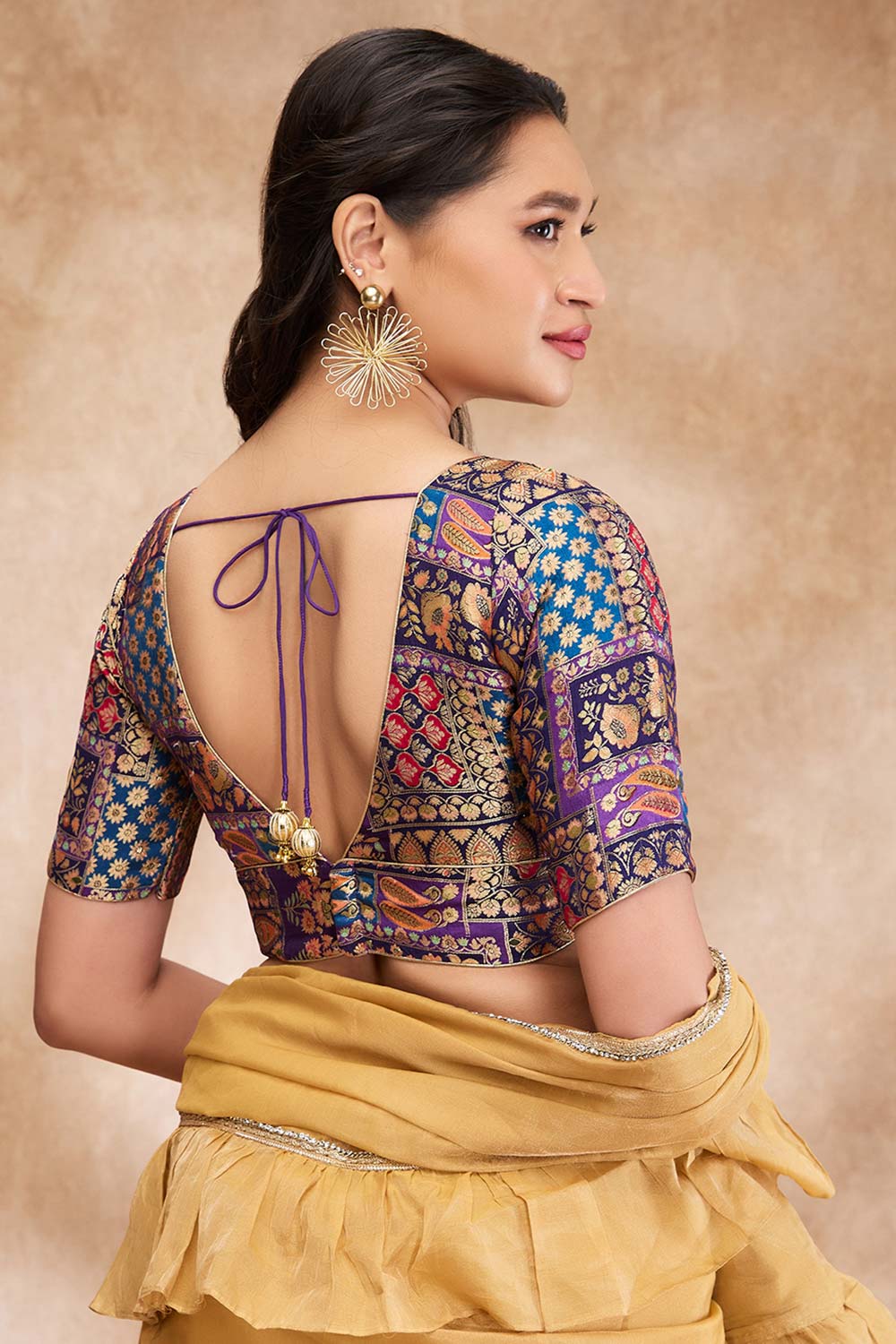 Purple Brocade Woven Elbow Sleeve Blouse