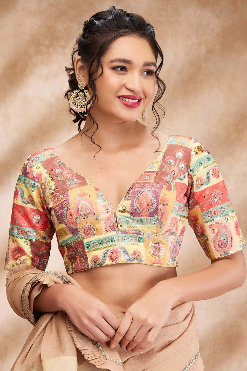 Yellow Silk Embroidered Elbow Sleeve Blouse