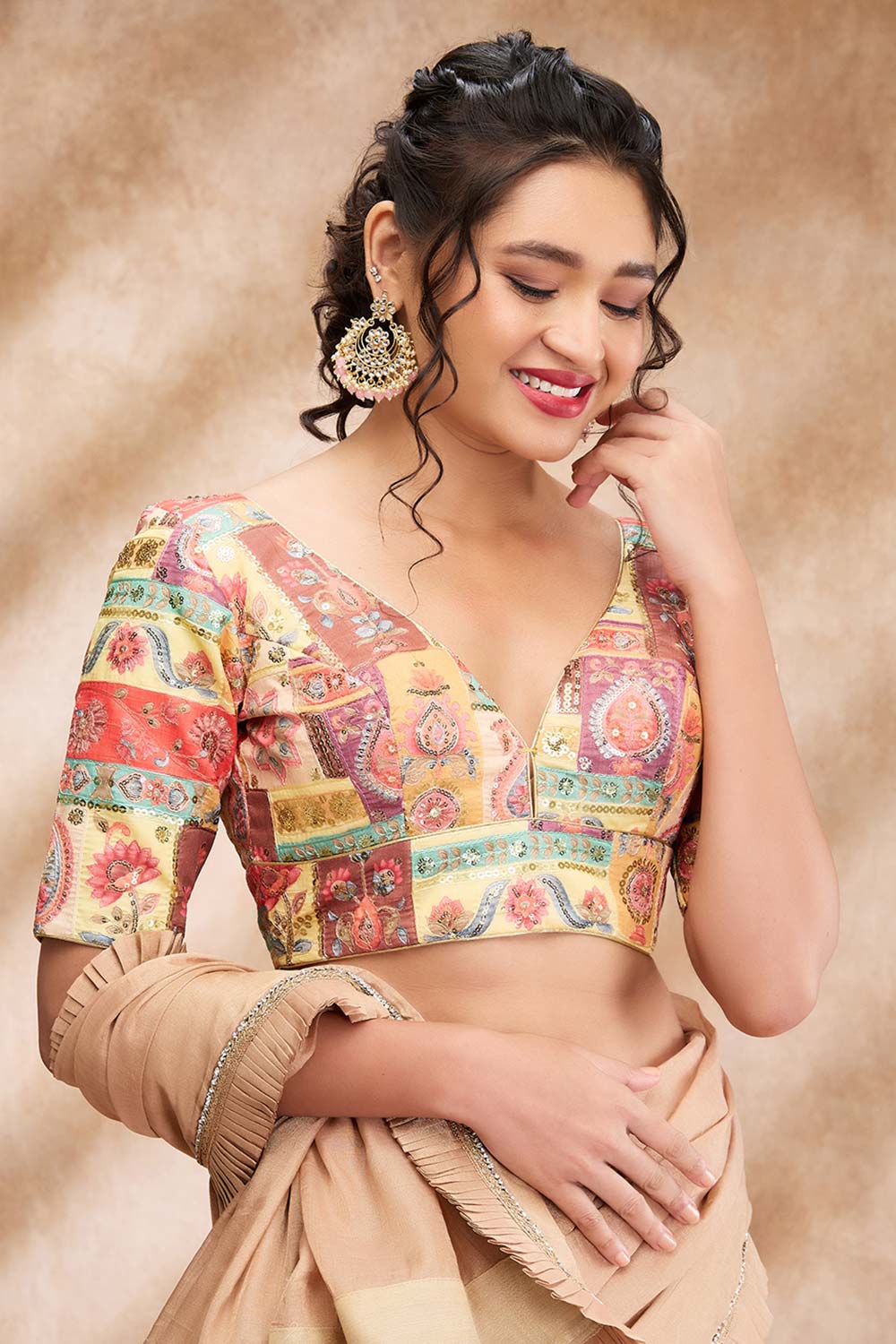 Yellow Silk Embroidered Elbow Sleeve Blouse