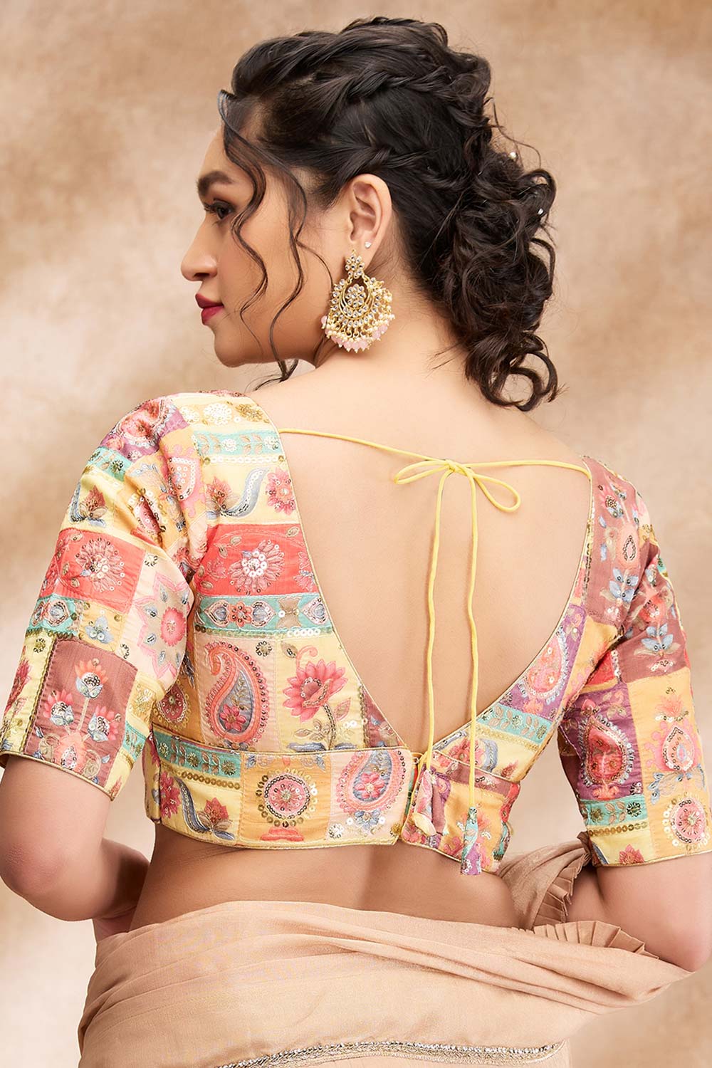 Yellow Silk Embroidered Elbow Sleeve Blouse