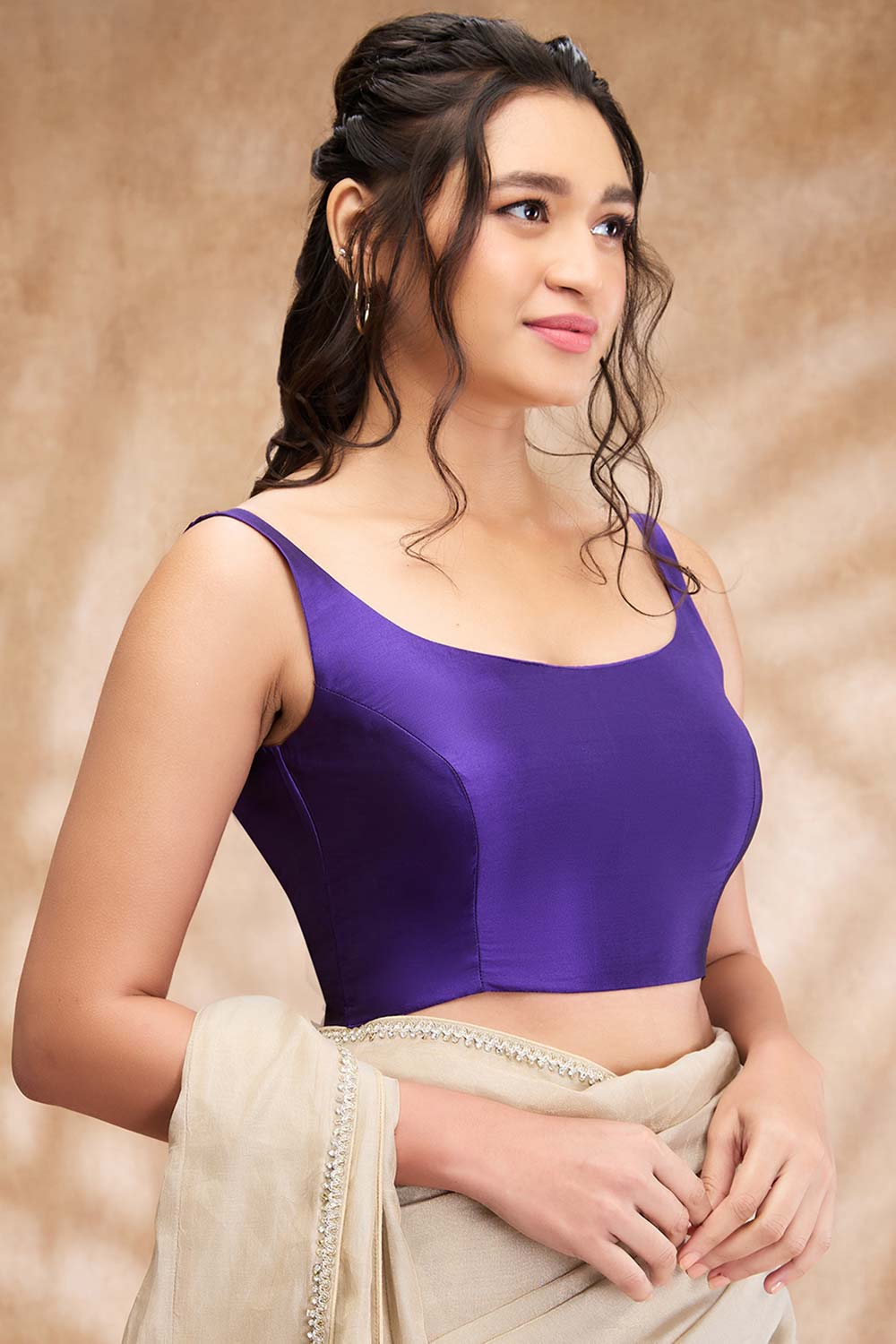 Purple Taffeta Solid Sleeveless Blouse