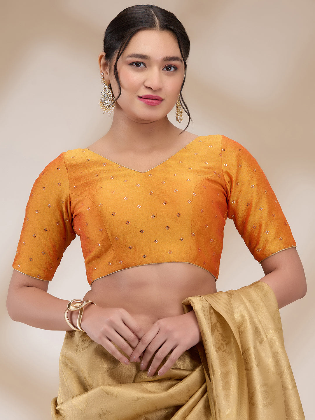 Mustard Silk Blend Printed Half Sleeves Blouse