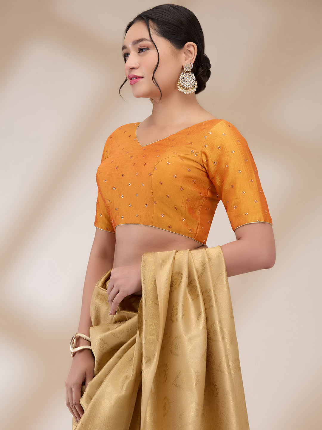 Mustard Silk Blend Printed Half Sleeves Blouse