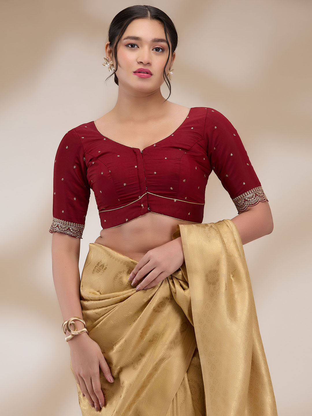 Maroon Mulberry Silk Embroidered Half Sleeves Blouse