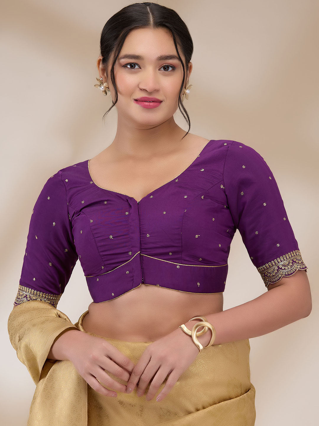 Purple Mulberry Silk Embroidered Half Sleeves Blouse