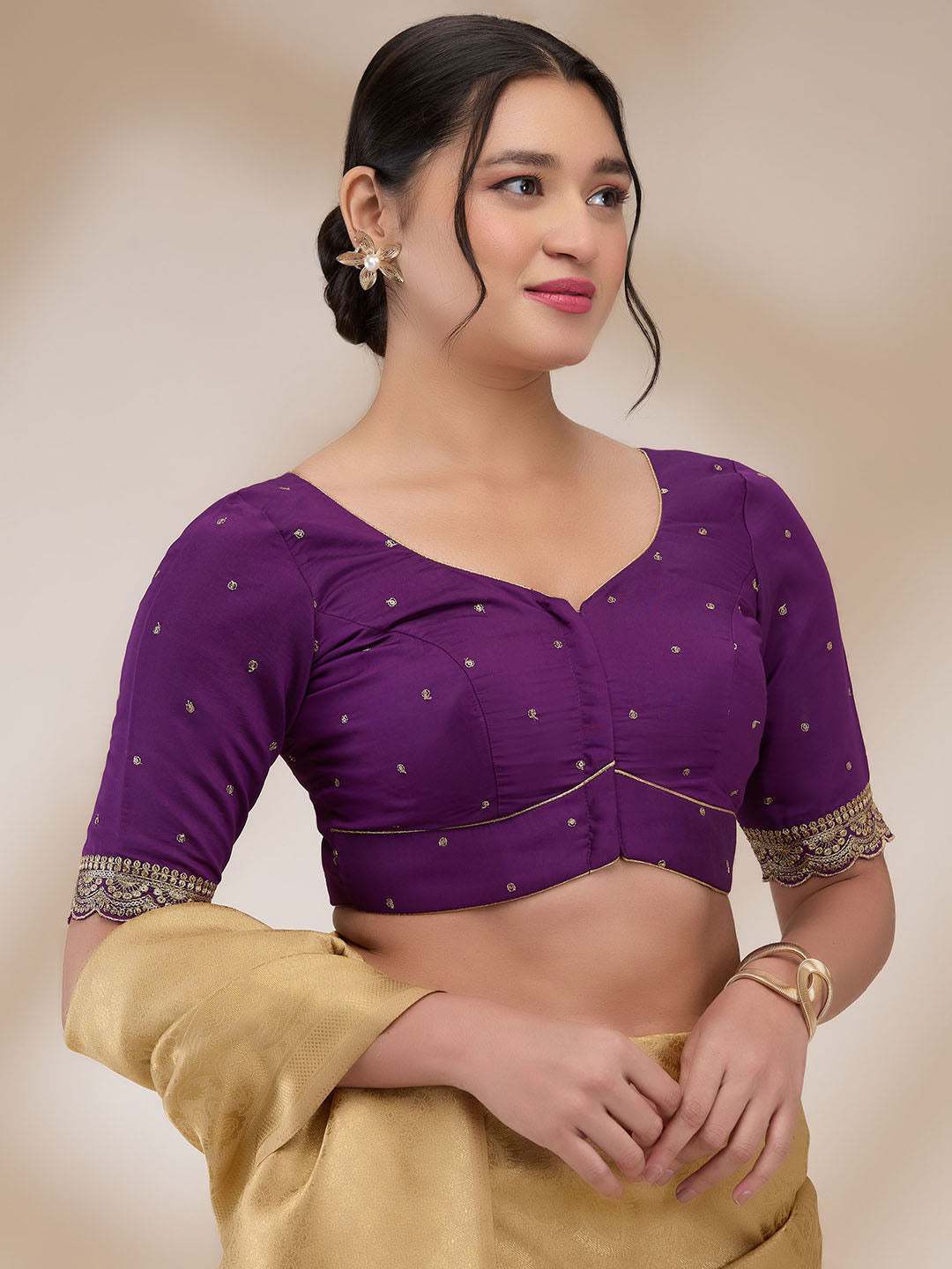 Purple Mulberry Silk Embroidered Half Sleeves Blouse