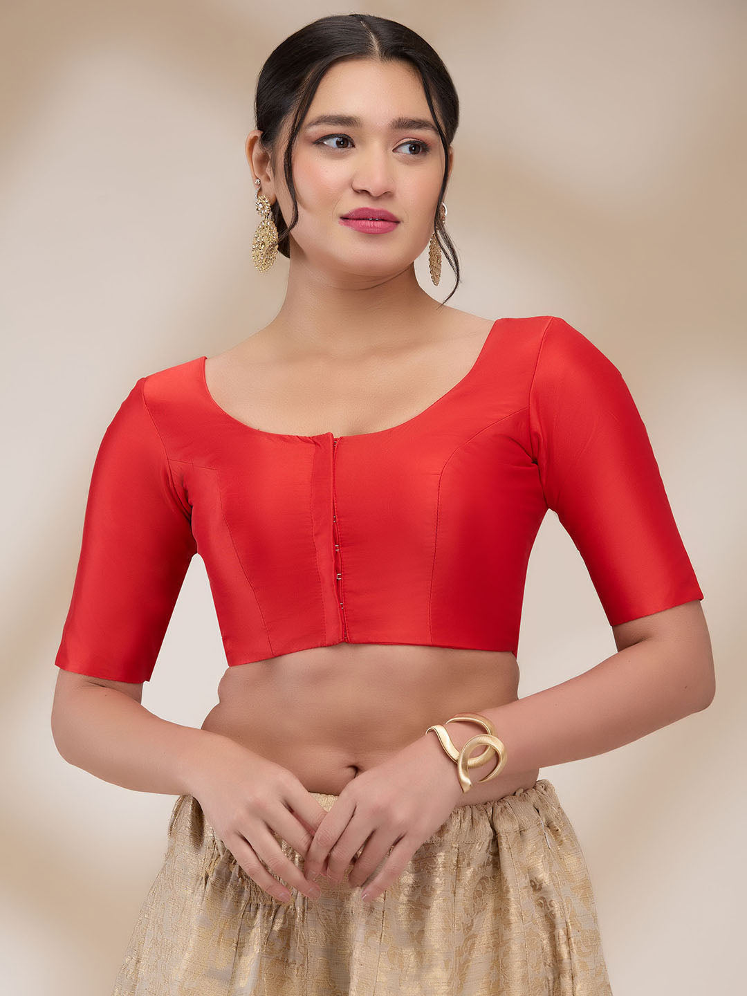 Red Silk Blend Solid Half Sleeves Blouse