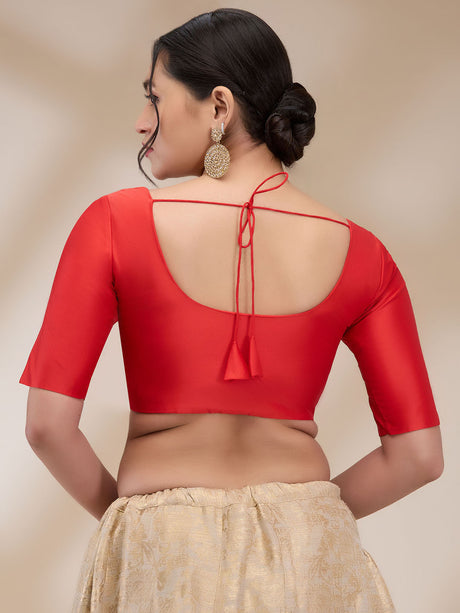 Red Silk Blend Solid Half Sleeves Blouse