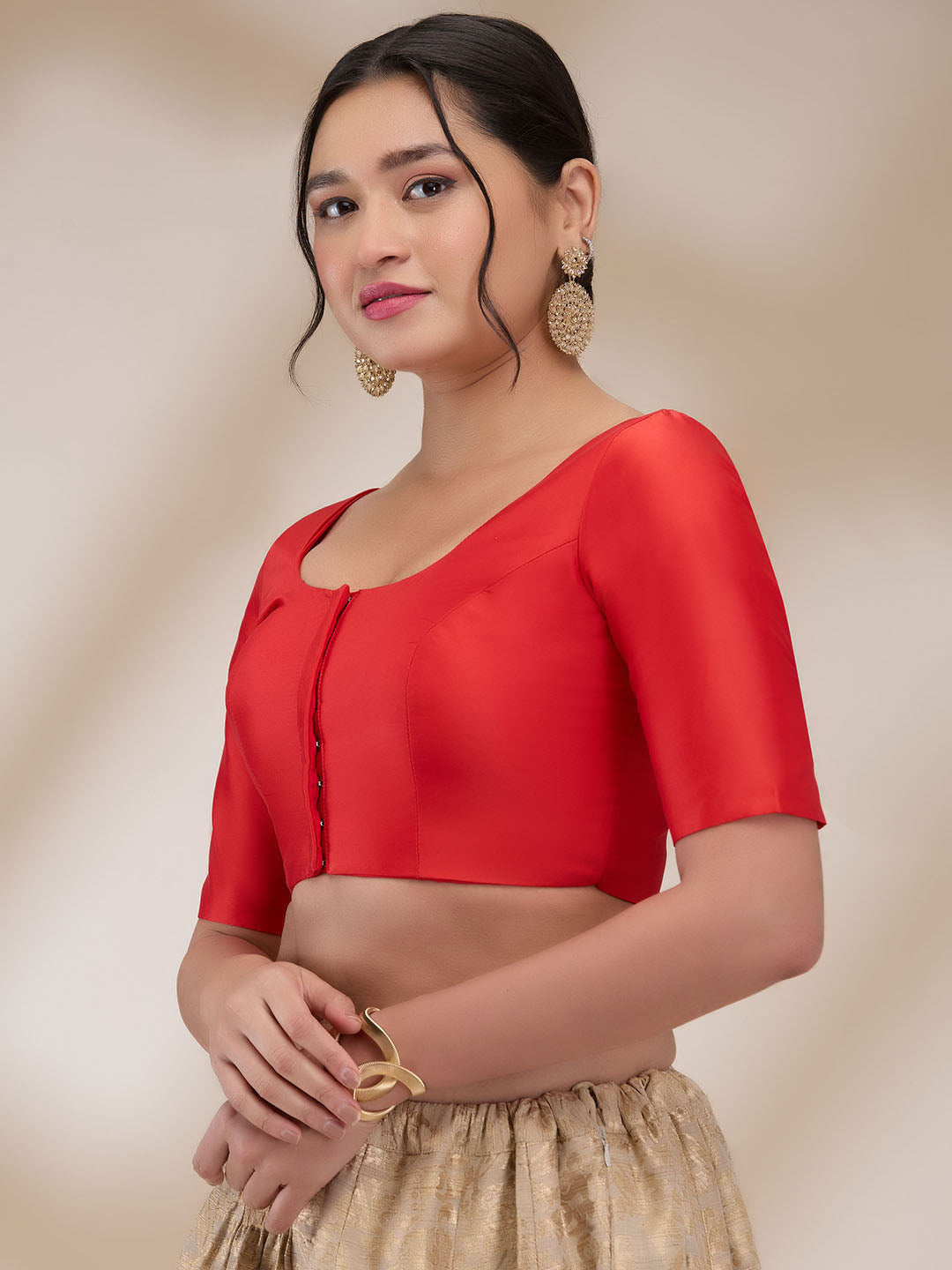 Red Silk Blend Solid Half Sleeves Blouse