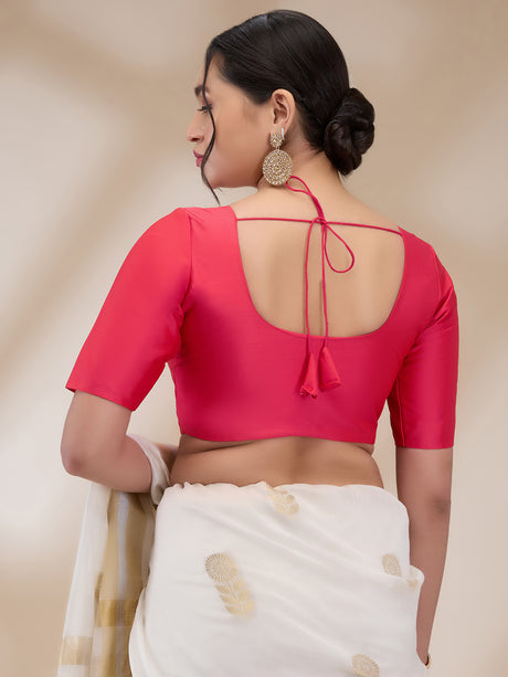 Tomato Pink Silk Blend Solid Half Sleeves Blouse