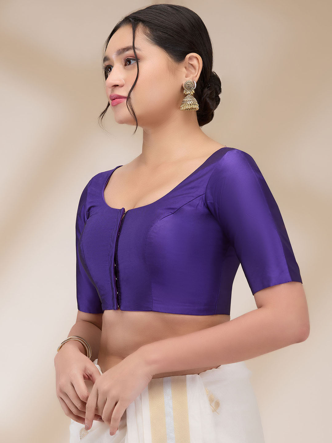 Purple Silk Blend Solid Half Sleeves Blouse